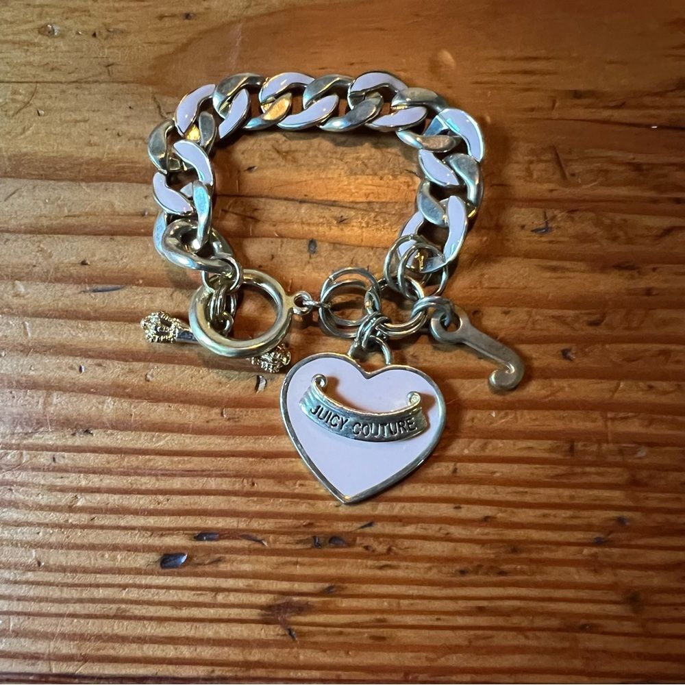 Juicy Couture Pink Enamel Heart Charm Toggle Bracelet Y2K Gold Tone